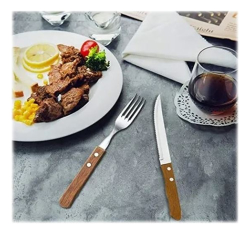 Set 6 Tenedores Y 6 Cuchillos Sierra Asado Madera Parrilla