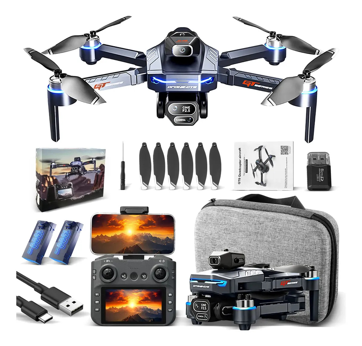 Drone Profissional Gt8 Dobrável Dual Cam Preto + 2 Baterias Drone Battery Controle Remoto Drone Câmera Hd 4k