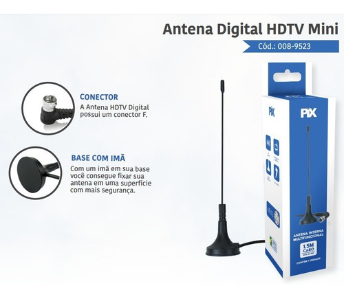 Imagem 2 de 4 de Antena Interna Hdtv Digital Mini Pix Com 1,50 Metros Cabo