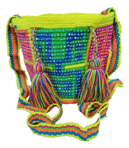 Mochila Wayuu Diseño Pequeña Con Piedreria Fajon Tradicional