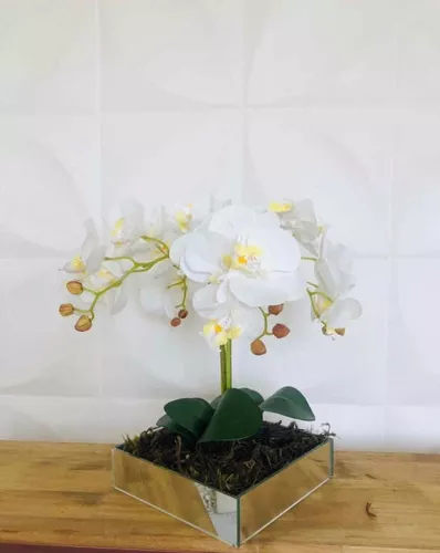 Arranjo De Orquídeas Em Silicone Toque Real Vaso Espelhado