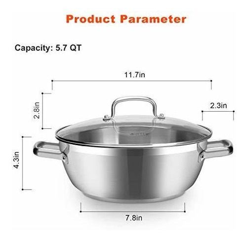 Olla De Coccion De Acero Inoxidable Con Tapa De Vidrio 5.39l