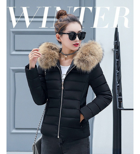 Chaqueta Fina Acolchada Con Gorro De Felpa Para Mujer