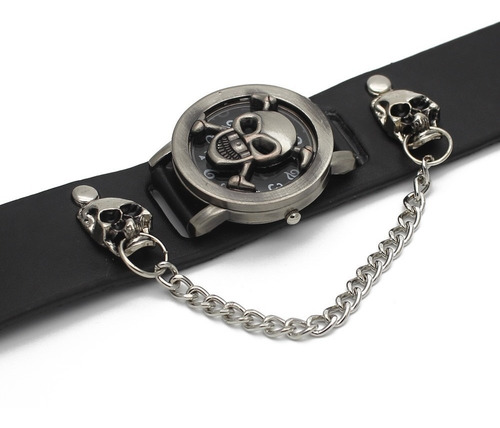 Reloj Calavera Hombre Caballero Punk 2 Calaveras Y Cadena * Correa Negra Bisel Acero Fondo Negro/letras Blancas
