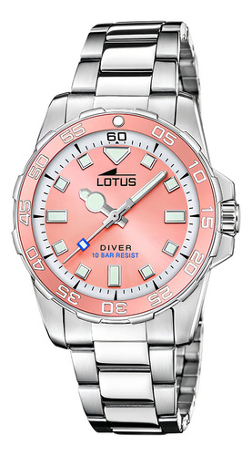Reloj Dama Lotus De Acero Inoxidable Color Coral Correa Plateado Bisel Rosa Fondo Rosa
