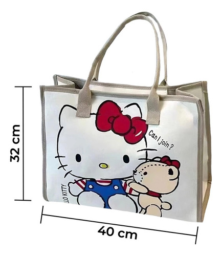 Bolsa De Lona Hello Kitty Grande De Hombro 32x40cm Beige Estampado Níquel Beige