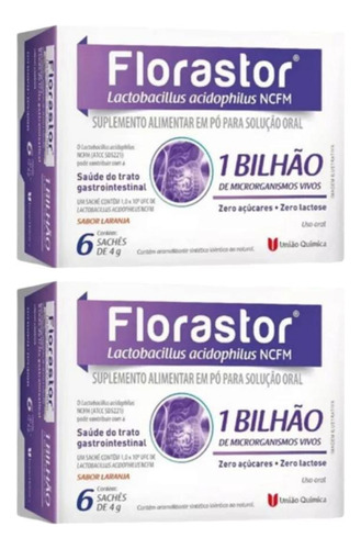 Kit 2 Florastor 1 Bilhão Po Caixa 6 Saches Cada Sabor Laranja