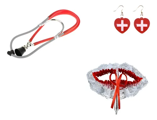 Set De Disfraz De Enfermera Widmann | Diadema, Estetoscopio, Liga Y Jeringa | Rojo Y Blanco | Carnaval Y Fiestas Temáticas