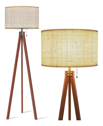 Lámpara De Pie Con Trípode De Madera Tela Textil Francesa