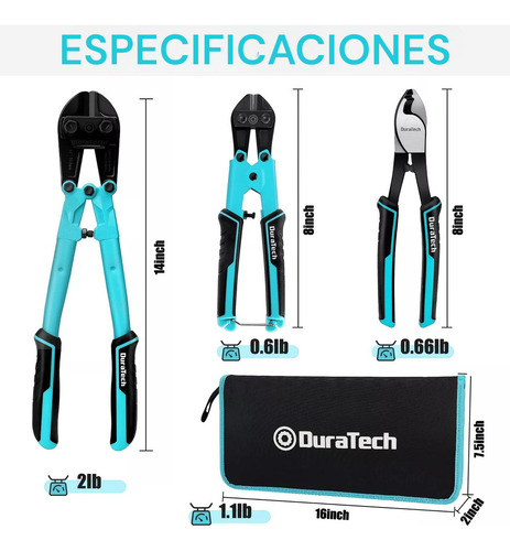 Juego Kit Set De Alicates Pinzas Para Cortar Pernos De 3 Piezas Duratech de 8", 14" y Cortador de Cables de 8"