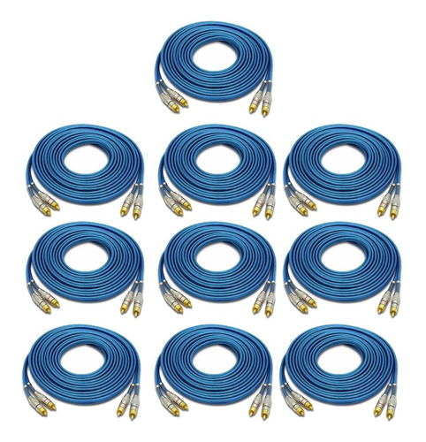 Kit 10 Cabos Rca Dubla Blindagem Azul Tech One 5 Metros Azul