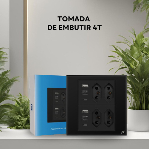 Tomada Quadrupla Usb + Usb C 20a 4x4 Embutir Novadigital WK-4T-B Sem Wifi 110v 220v Bivolt Preta