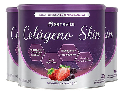 Kit 3 Colágeno Skin Sanavita Morango E Açaí 200g