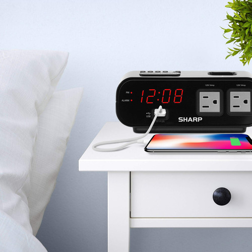 Reloj Despertador Digital Sharp Modelo Con 2 Tomas Usb Y Pro Negro