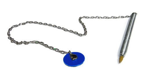 5 Caneta Fixa Com Corrente P/ Balcão Mesa Tipo Moeda Exterior Azul