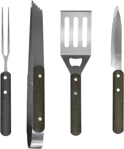 Set 4 Piezas Parrilla Tenedor Pinza Cuchillo Espátula Asados