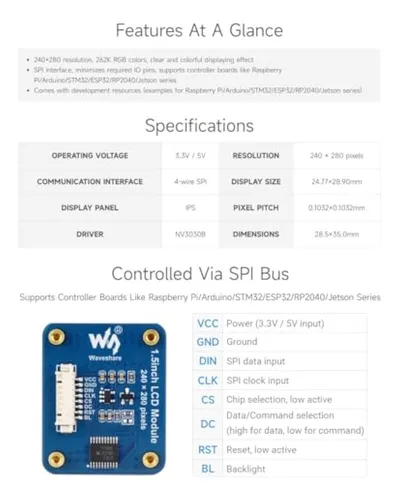 Waveshare Módulo De Pantalla Lcd De 1.5 Pulgadas,