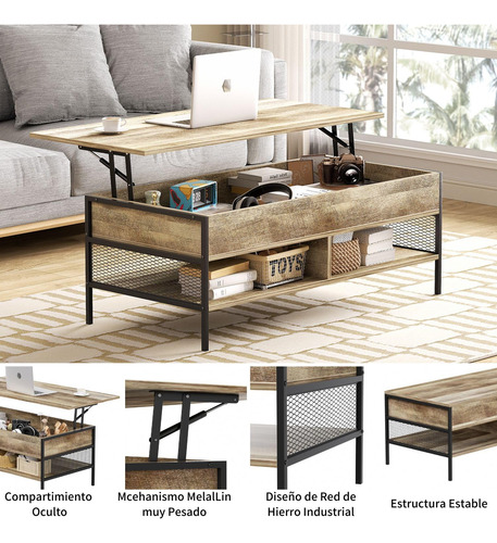 Mesa De Centro Elevable Con Almacenamiento Oculto Marrón