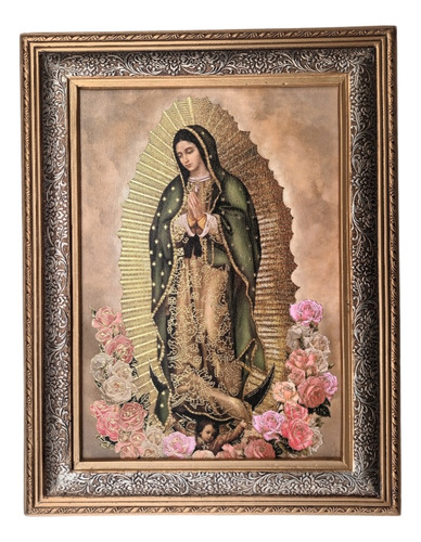 Cuadro De Virgen De Guadalupe Con Flores Con Marco 40cmx52cm