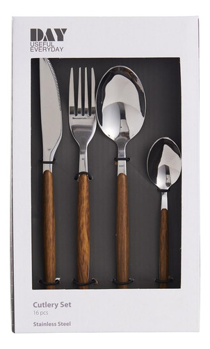 Set De Cubiertos 16 Pcs Acero Inoxidable Madera