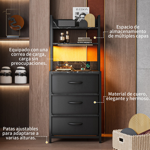 Buró Mesita De Noche 6 Niveles Con Enchufe Y Luz Led Moderno