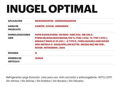 Imagen 2 de 6 de Liquido Refrigerante Motul Inugel Optimal Orgánico 1 Litro