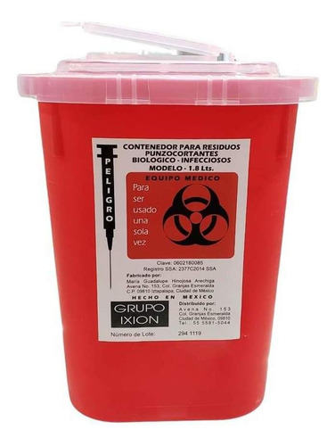 Bote Contenedor Para Residuos Punzocortantes Rpbi 1.8 Lts Color Rojo