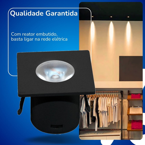 Kit 2 Mini Spot Led Quadrada 1w 3000k Preto Moveis Biv Kian