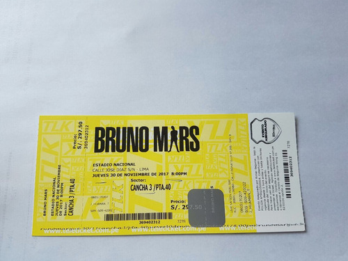 Imagen 1 de 2 de Entradas Para Concierto Bruno Mars Cancha 3!!!