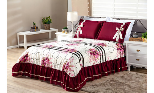 Kit Cobre Leito Casal Padrão Com Babado E Laço 3 Peças Cor Vinho Floral