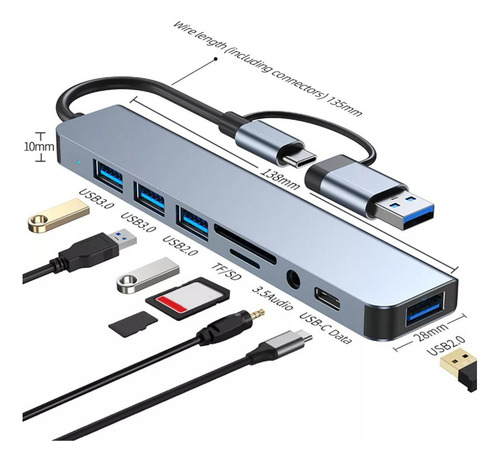 Wa Divisor De Hub Usb De Audio Tipo C Ocho En Uno