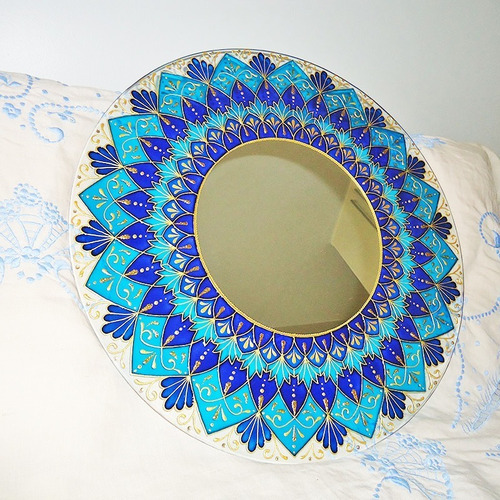 Mandala Azul E Dourada Em Vidro De 50cm E Espelho De 24cm