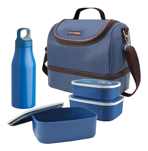 Bolsa Térmica Essencial 3 Potes Pmg Azul E Garrafa De Inox