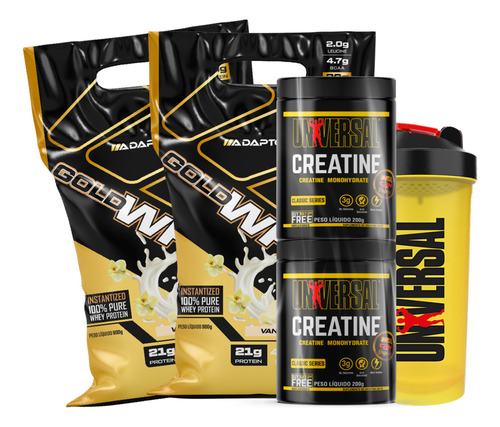 Combo 2 Gold Whey 900g Adaptogen 2 Creatina Universal 200g