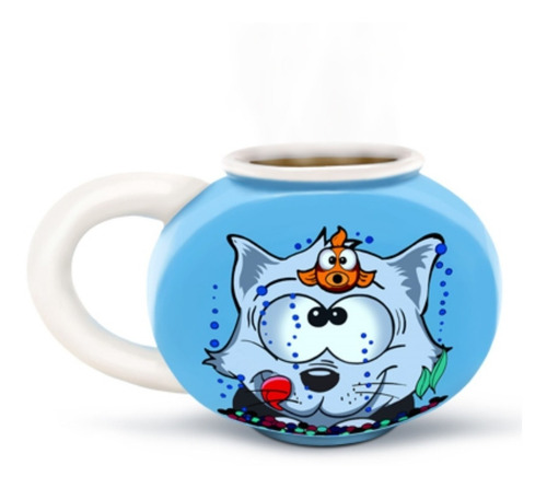 Taza Cerámica Gato Ambriendo Con Pez En Pecera Bigmouth Inc