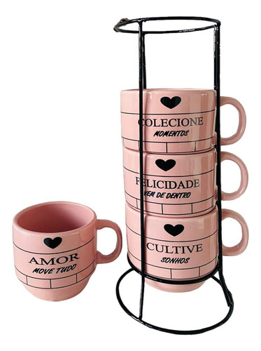 Jogo De Xícaras Café Chá Rosa Com Suporte Kit 4 Canecas Kit