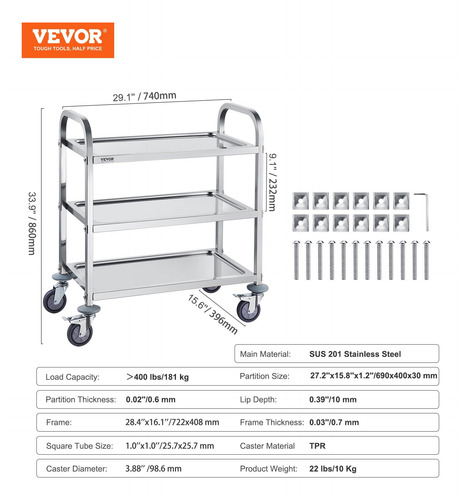 Carrito De Servicio Clinico Laboratorio 3 Niveles Carro Lab