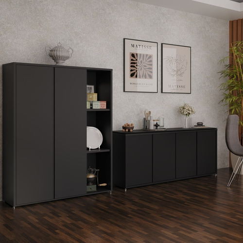 Conjunto Sala De Jantar Armário Alto E Buffet Balcão Oslo Cor Preto