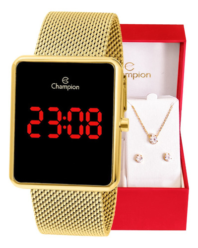 Relógio Champion Feminino Digital Quadrado Dourado Led 