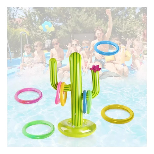 Juego Inflable De Cactus Lanzamiento De Aros Para Alberca F Color Verde