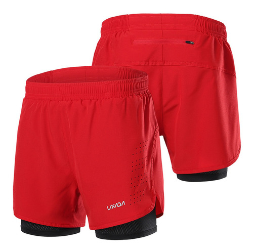 Lixada Shorts Running 2 En 1 Para Hombre, Rojo Y Negro M