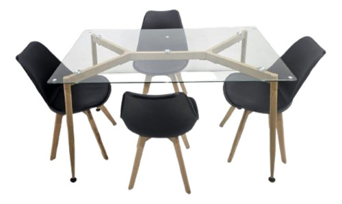 Comedor Rectangular De Vidrio + 4 Silla Tulip Negras