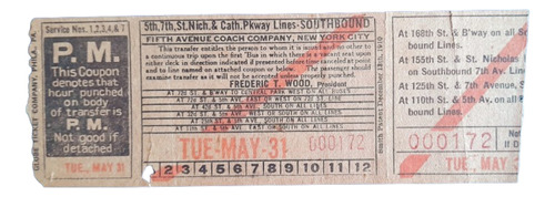 L4 - Boleto Ticket Del Tramway De New York Circa 1927