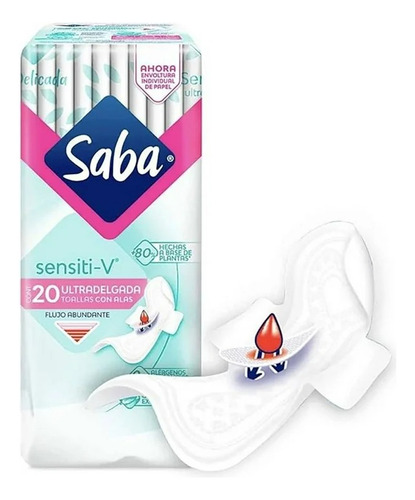 2 Pza Toallas Femeninas Saba Sensiti-v Ultradelgada Con Alas