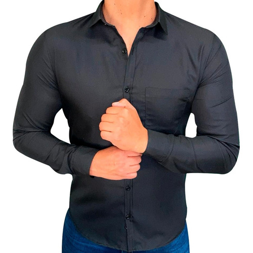 Camisa Slim Fit Hombre Lisa Casual Manga Larga Caballero