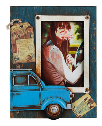 Porta-retrato Com Fusca Azul Oldway 23x18x2cm