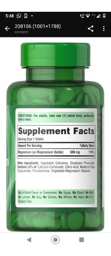 Imagen 3 de 3 de Magnesio Magnesium 500 Mg 100 Tabletas Importado Usa