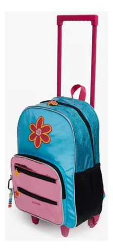 Mochilas Escolar Con Carro Flor Y Glitter 43cm Zaphir Color Celeste