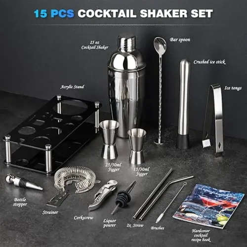 Set De Coctelera Para Bartender: 15 Piezas De Acero Inoxidab