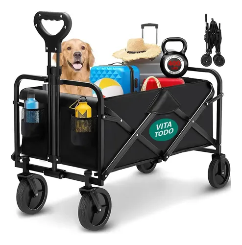 Carrinho Dobravel Multiuso 4 Rodas 150kg Preto Praia Camping Feira